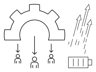 Gear transferring energy to three individuals symbolizing workflow delegation, arrows representing growth and progress, and a battery portraying efficiency and power. Ideal for teamwork, process