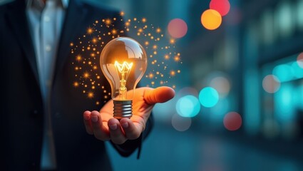 A hand holds a glowing light bulb, symbolizing new ideas and innovation in a softly lit city setting.
