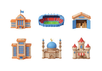 Fototapeta premium 3d icon of collection of 3d cartoon buildings including a school, stadium, warehouse, mosque, and castle isolated on transparent background