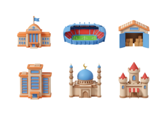 3d icon of collection of 3d cartoon buildings including a school, stadium, warehouse, mosque, and castle isolated on transparent background