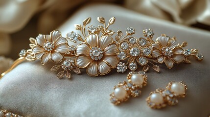 Luxurious gold hairpin with floral details inlaid with gemstones displayed on a satin pillow alongside delicate earrings creating a romantic bridal accessory arrangement