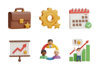 3d icon of 3d cartoon icons representing business, teamwork, and success isolated on transparent background