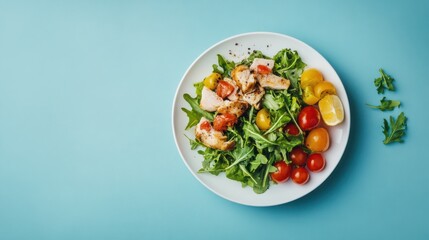 Fresh salad with grilled chicken, cherry tomatoes, and arugula