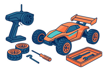 Naklejka premium Remote control car, tools, tires, and controller in cartoon style on white background. Concept of toy repair, hobby, and customization. Ai generative