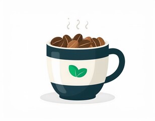 Obraz premium A charming flat vector illustration of a dark blue and white mug filled with steaming hot, freshly roasted coffee beans and an organic green leaf logo