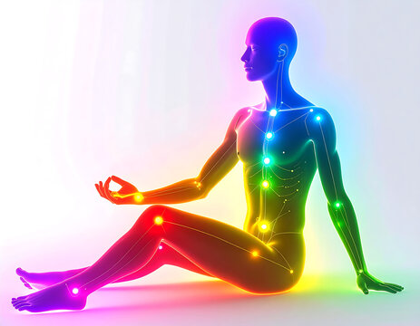 Meditative human silhouette with illuminated chakra points and neural connections vibrant rainbow glow, serene energy and body alignment