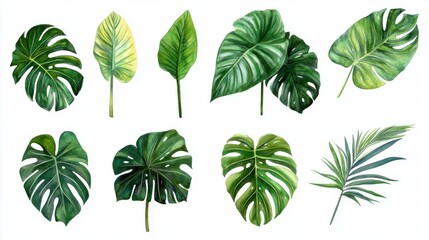 Various tropical leaves on a white background in studio
