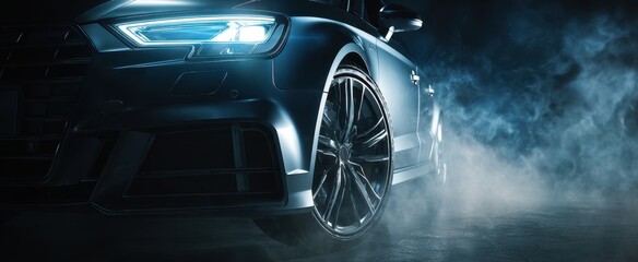 The sports car illuminated by headlights and drifting through cinematic smoke at night