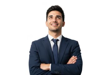 Confident businessman looking upwards with arms crossed in professional attire transparent background