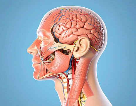 Anatomical head cross section with brain exposed, facial muscle layers, nerves and blood vessels, educational medical illustration showing anatomy
