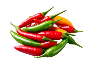 A vibrant pile of fresh red, green, and yellow bird's eye chilies. This essential, spicy ingredient is the heart of many fiery Thai and Asian dishes.