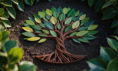 Fototapeta premium Stylized tree symbol crafted from vibrant green leaves and twigs on dark earth
