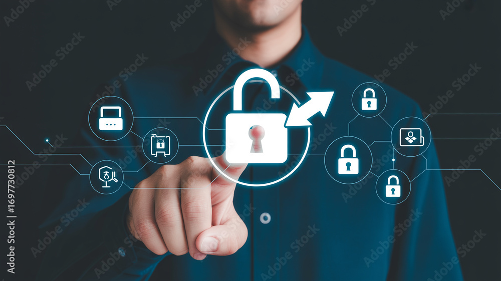 Poster cyber security data protection concept with lock and businessman touching screen interface 100