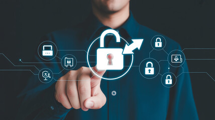 Cyber security data protection concept with lock and businessman touching screen interface 100