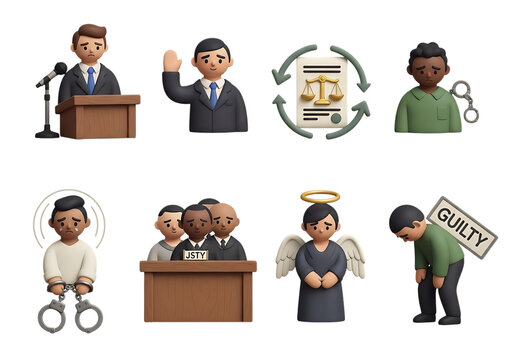 3d icon of collection of 3d claymation icons representing law and justice concepts, isolated on transparent background