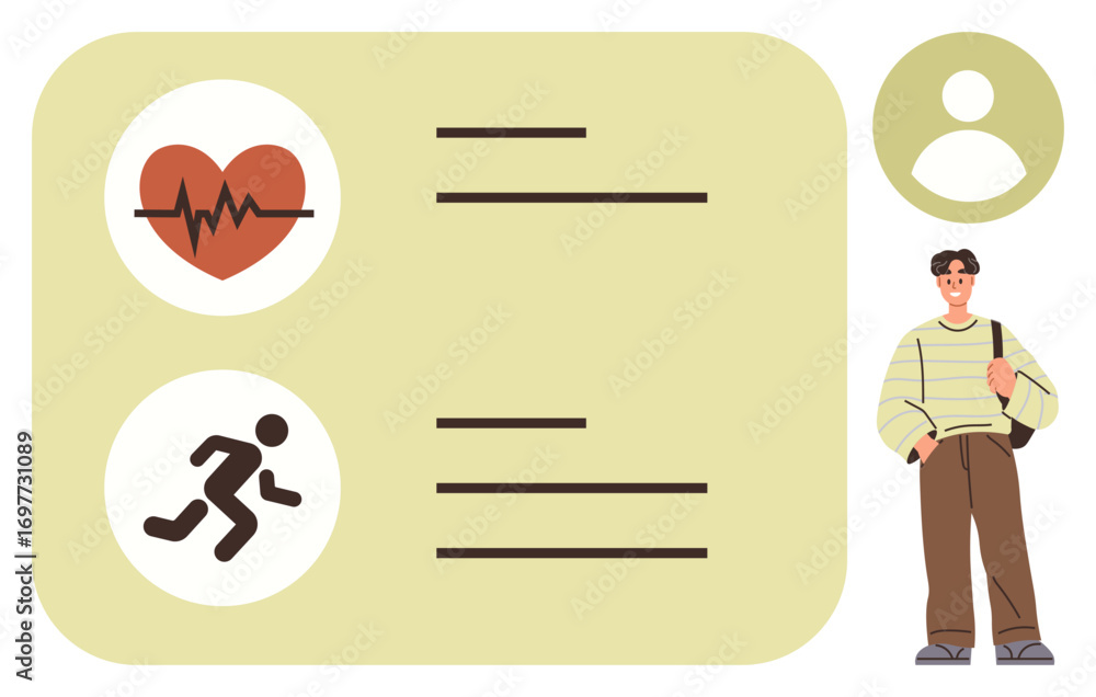 Poster heartbeat monitor and activity tracker icons on a dashboard interface alongside a standing male char