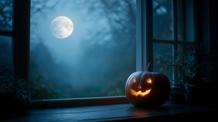 Moonlit jack o lantern on a windowsill with misty garden view