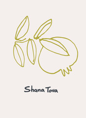 Rosh Hashana greeting vector background. Wishing Happy New Year in Hebrew. Hand-lettered text decorated with hand drawn pomegranate branch. Isolated on the white