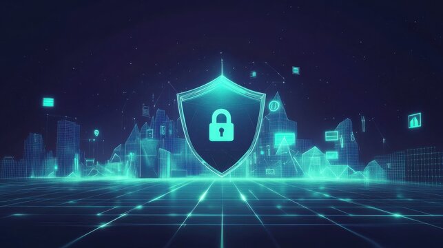 Futuristic cityscape with digital shield and padlock at night - Powered by Adobe