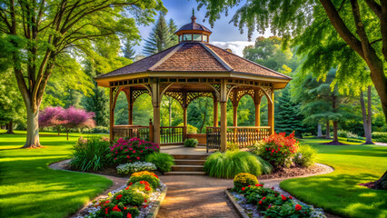 Fototapeta premium Wooden gazebo and chair in the garden, Thailand.