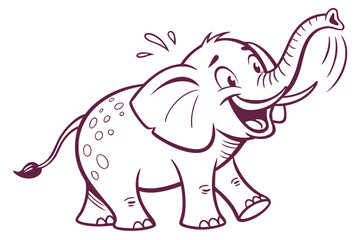 Cartoon Elephant Outline With Raised Trunk on White Background,Cheerful Animal