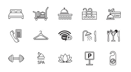 Collection of hotel service icons in a sketchy silhouette style