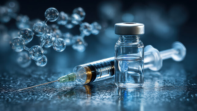 Pharmaceutical vial and safety syringe with three-dimensional molecular model representing modern drug development science