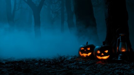 Foggy forest night with jack o lanterns and vintage oil lamp