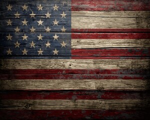 Rustic american flag painted on weathered wooden planks texture background