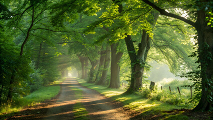 Obraz premium “Beautiful forest path surrounded by green trees with sunlight streaming through leaves.”