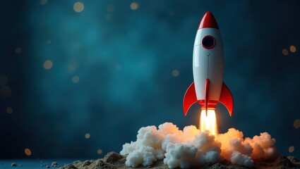A stylized rocket ship blasts off against a dark teal backdrop, showcasing a powerful launch.