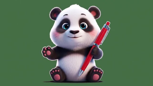 Animated panda holding a red pen on a solid green background
