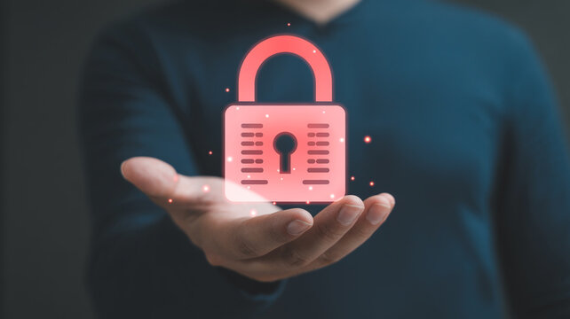 Cyber security concept man holding digital padlock data protection and privacy internet security  100char