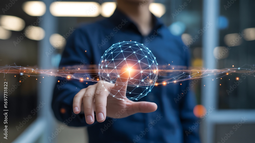 Poster global network technology concept man touching digital world connection innovation and data analysis
