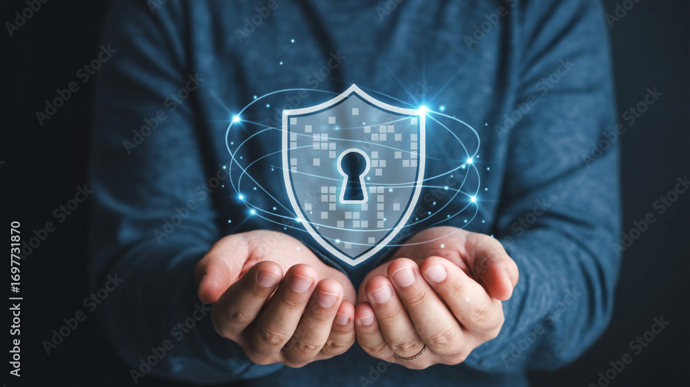 Poster cyber security concept man holding shield with keyhole data protection and network security solution