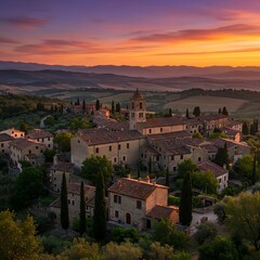 Naklejka premium The tranquil beauty of the Tuscan countryside, centered on an ancient stone village at dusk