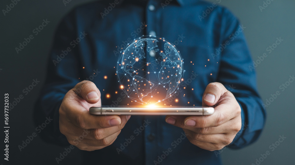Poster man holding phone with digital world globe hologram technology network connection concept design ide