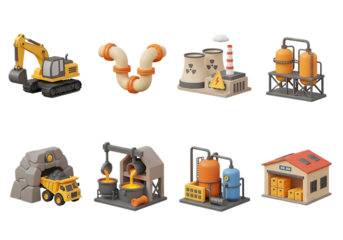 3d icon of collection of 3d industrial icons including construction, manufacturing, and energy production, isolated on transparent background