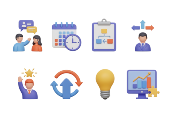 3d icon of set of 8 3d icons representing business, planning, and success, isolated on transparent background
