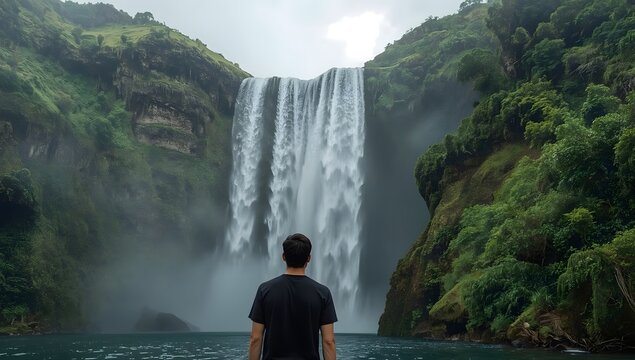 Person admires majestic waterfall cascading down lush green cliffs