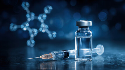 Glass medical vial and sterile syringe with needle on dark surface under professional lighting