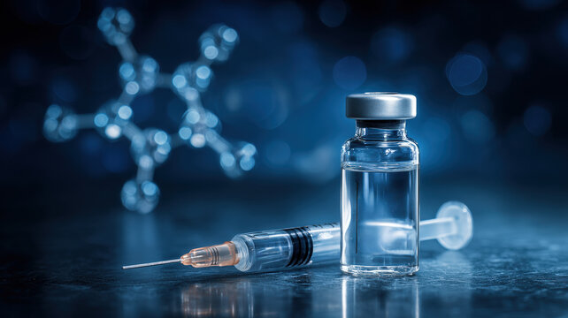 Glass medical vial and sterile syringe with needle on dark surface under professional lighting