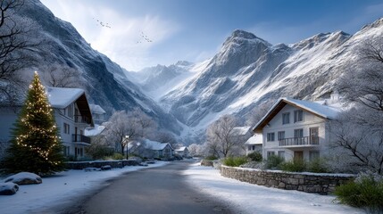 Fototapeta premium A Serene Christmas Village Nestled in Snow Covered Hills Capturing the Essence of Winter Magic