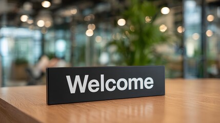 Welcome sign on desk in modern office interior.
