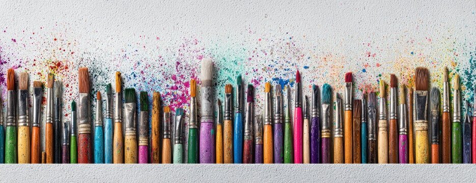 A vibrant array of paintbrushes with colorful handles, bristles upwards, against a white surface with splatters of paint creating artistic texture - Powered by Adobe