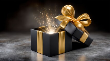 A Magical Christmas Gift Box Wrapped in Gold Ribbon Emitting a Dazzling Sparkle for Holiday Celebrations