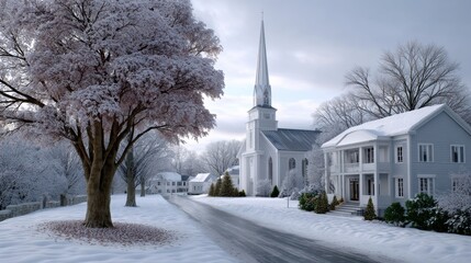 Beauty and Simplicity of a Leafless Tree Set Against a Peaceful Winter Wonderland with Children Sledding in Vibrant Scarves