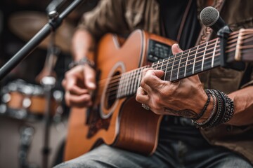 Obraz premium A man is playing an acoustic guitar in front of a microphone while performing