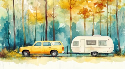 Obraz premium Camper car towing trailer through serene forest landscape