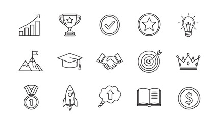 Collection of business and success icons in a sketchy silhouette style